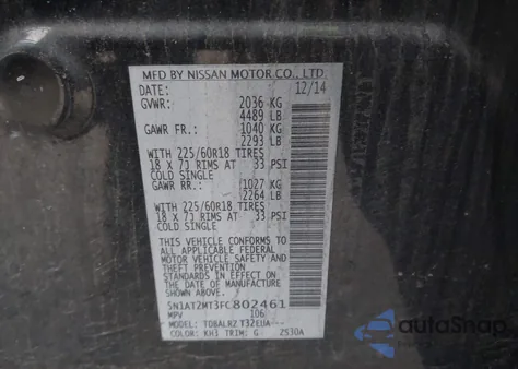 2015 Nissan Rogue Sl z USA, uszkodzony, nr VIN 5N1AT2MT3FC802461
